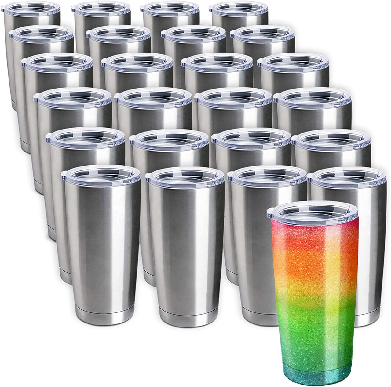 Pixiss Stainless Steel Tumblers Bulk 25-Pack 20oz Double Wall Vacuum Insulated